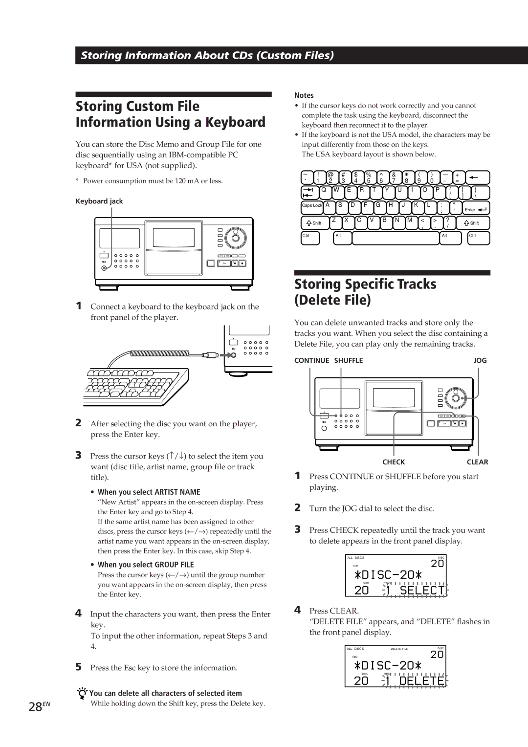 Sony CDP-CX90ES, CDP-CX270 manual Storing Specific Tracks Delete File, Storing Custom File Information Using a Keyboard 