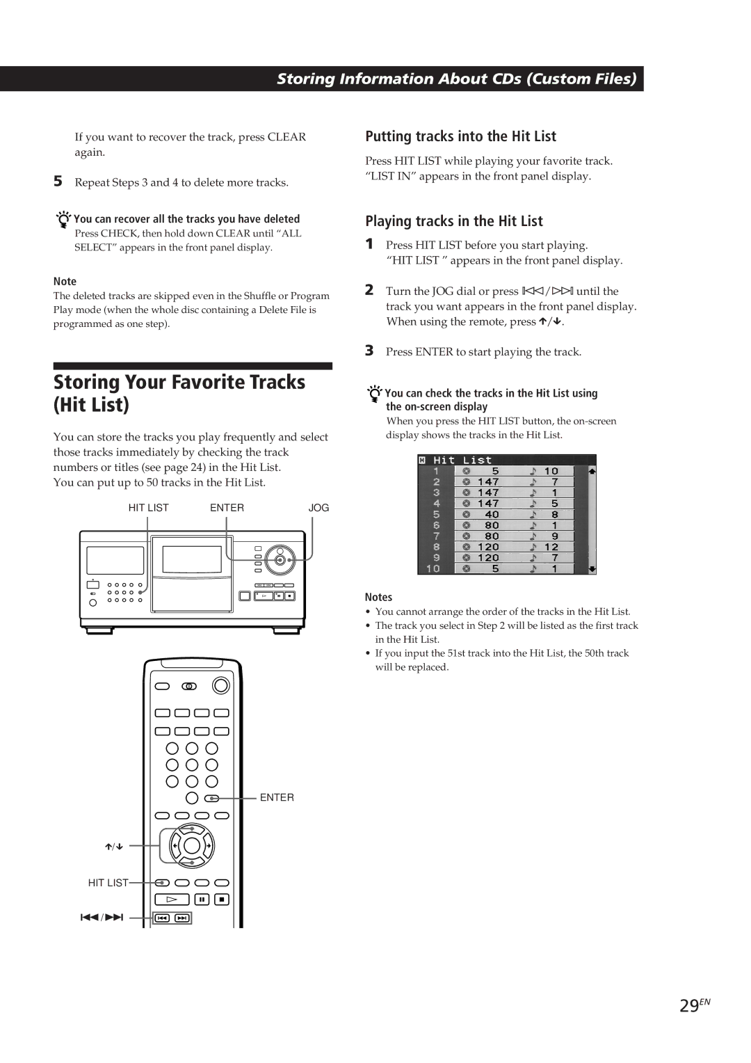 Sony CDP-CX270, CDP-CX90ES manual Storing Your Favorite Tracks Hit List, 29EN, Putting tracks into the Hit List 