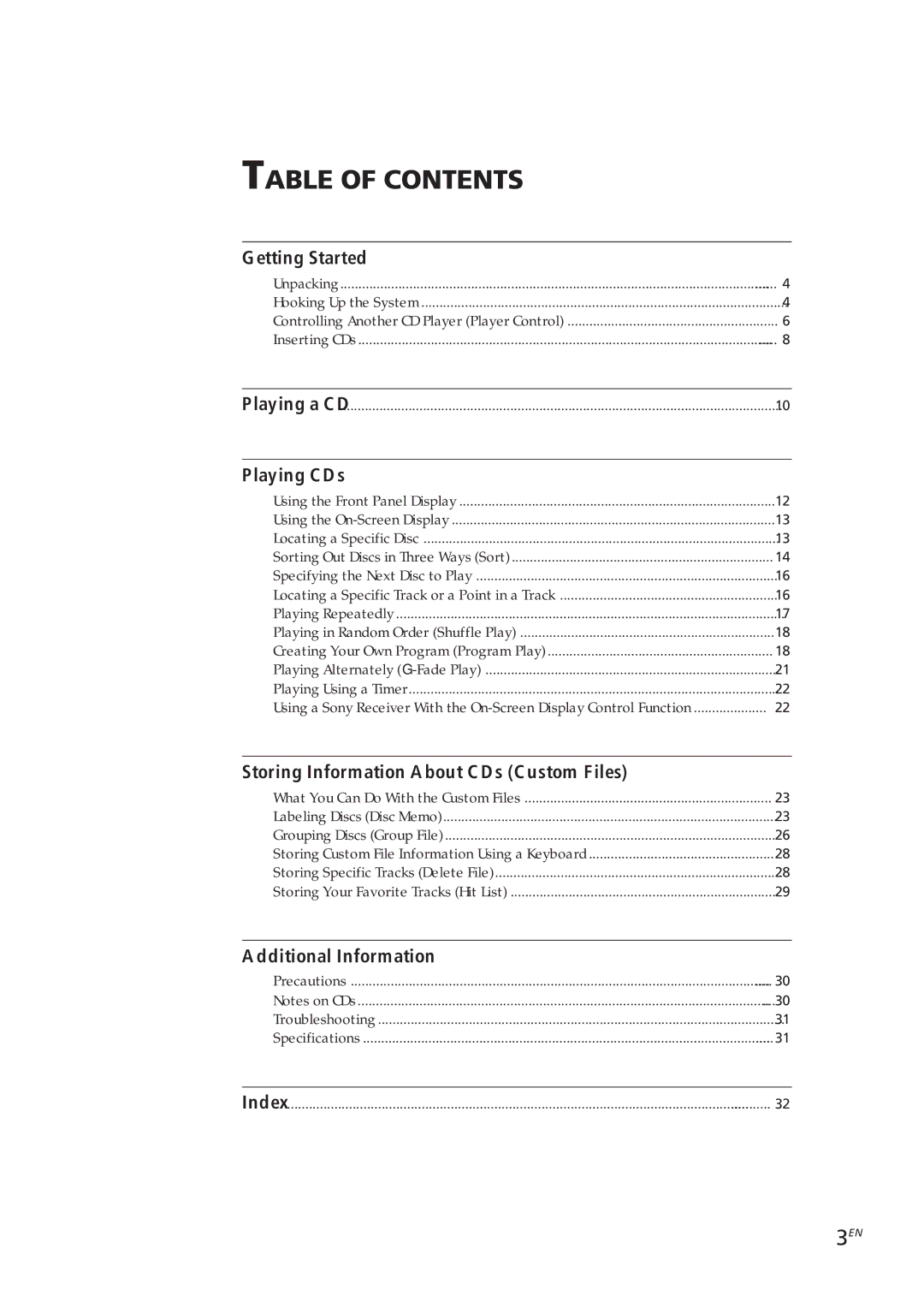 Sony CDP-CX270, CDP-CX90ES manual Table of Contents 