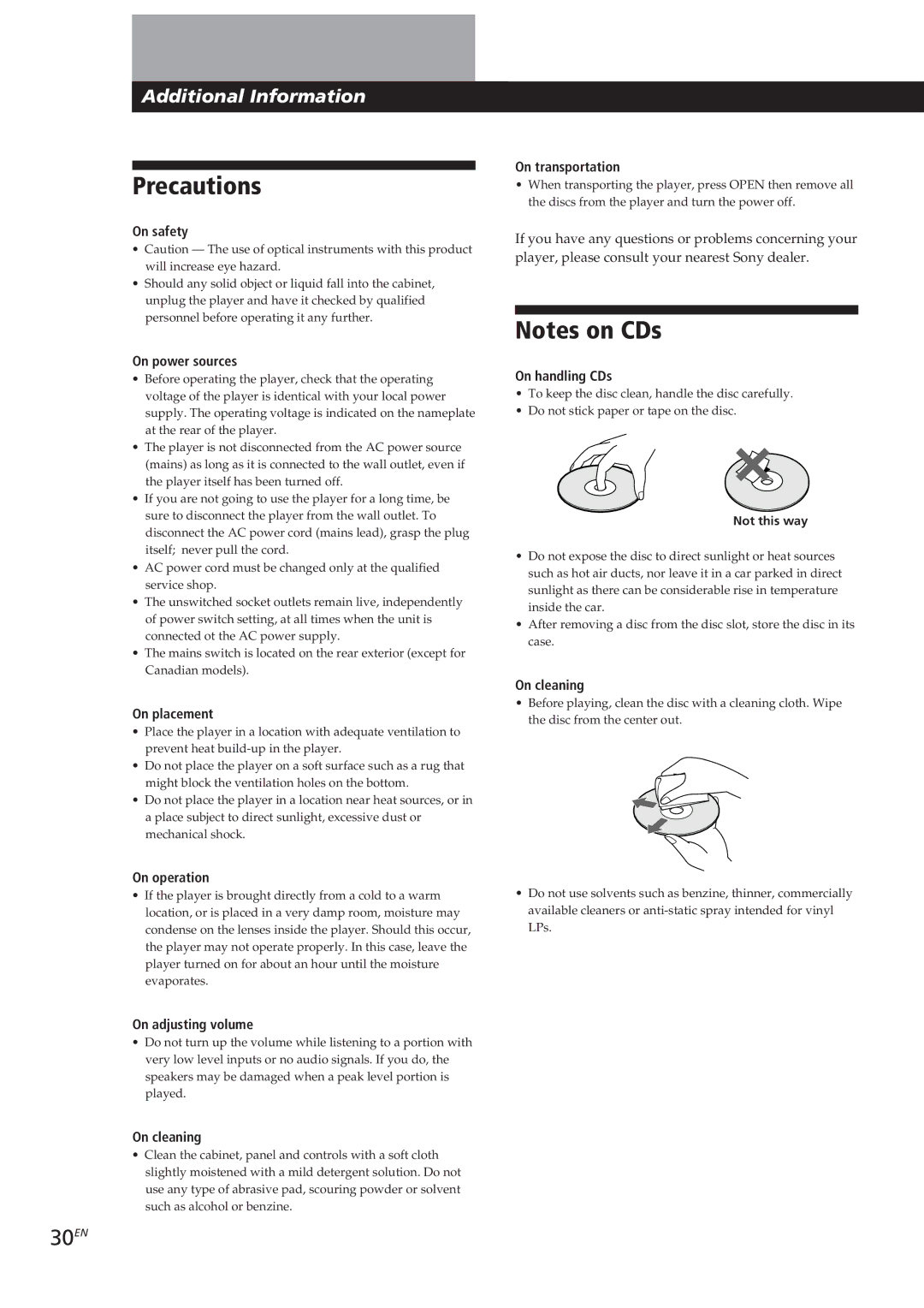 Sony CDP-CX90ES, CDP-CX270 manual Precautions, 30EN 