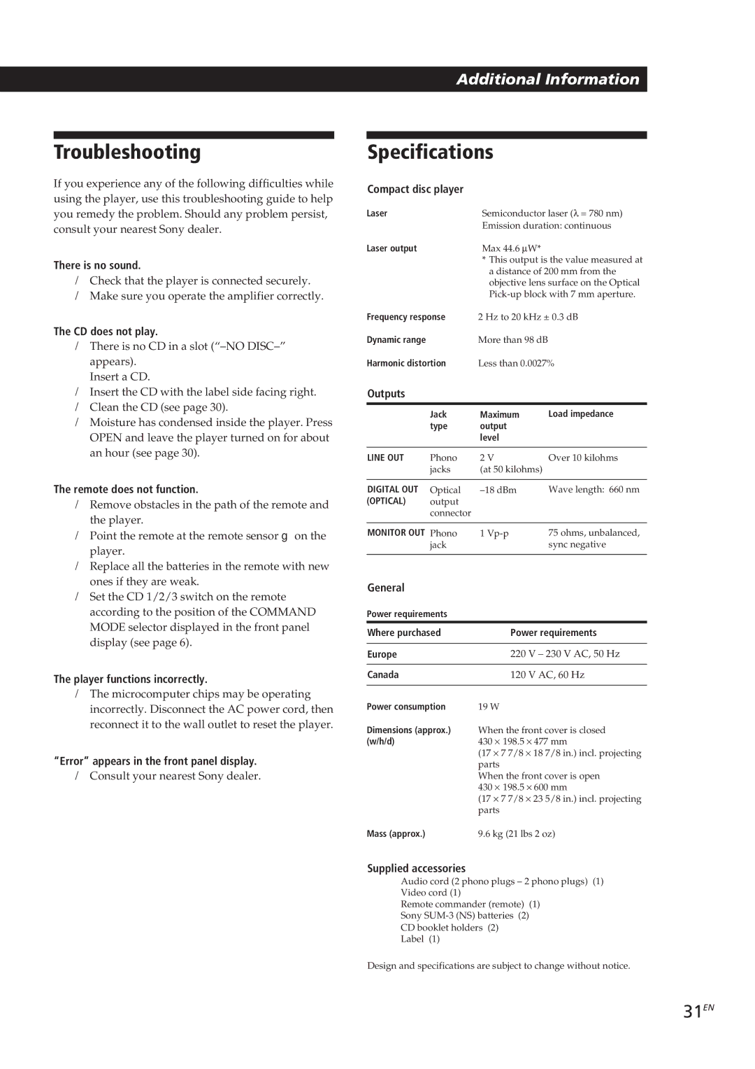 Sony CDP-CX270, CDP-CX90ES manual Troubleshooting, Specifications, 31EN 