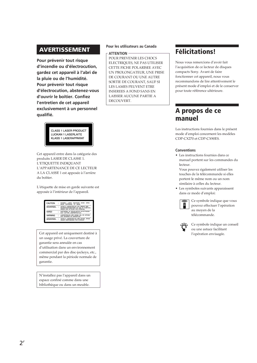 Sony CDP-CX270, CDP-CX90ES manual Félicitations, Propos de ce manuel, Pour les utilisateurs au Canada 