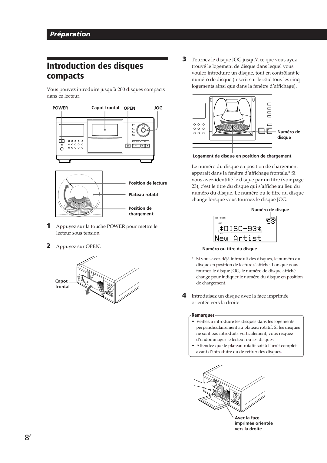 Sony CDP-CX270, CDP-CX90ES manual Introduction des disques compacts, Capot frontal Open, Numéro ou titre du disque 