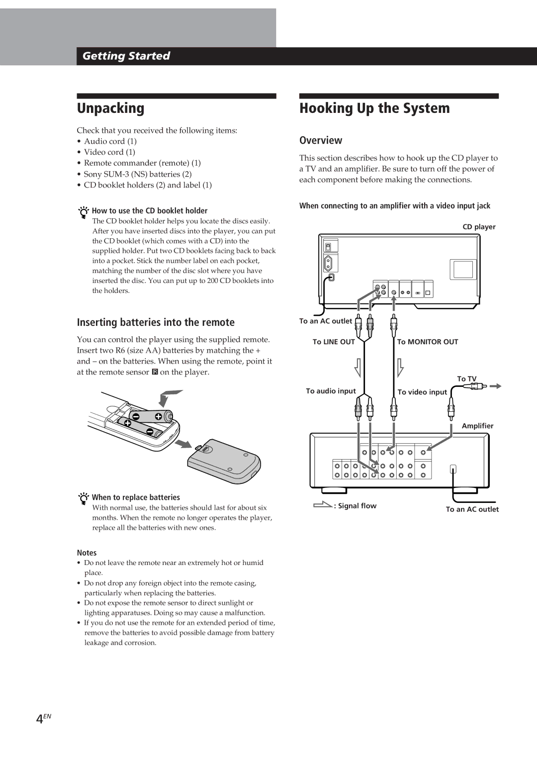 Sony CDP-CX90ES, CDP-CX270 manual Unpacking, Hooking Up the System, Inserting batteries into the remote, Overview 