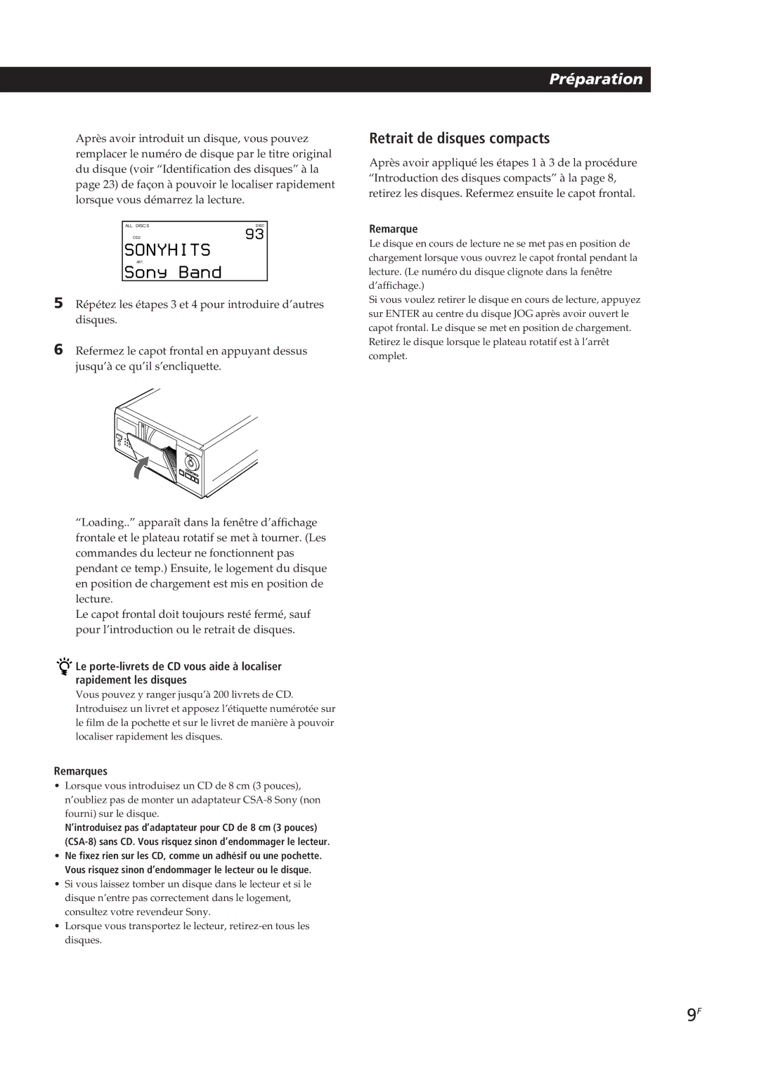 Sony CDP-CX90ES, CDP-CX270 manual Retrait de disques compacts, Remarque 