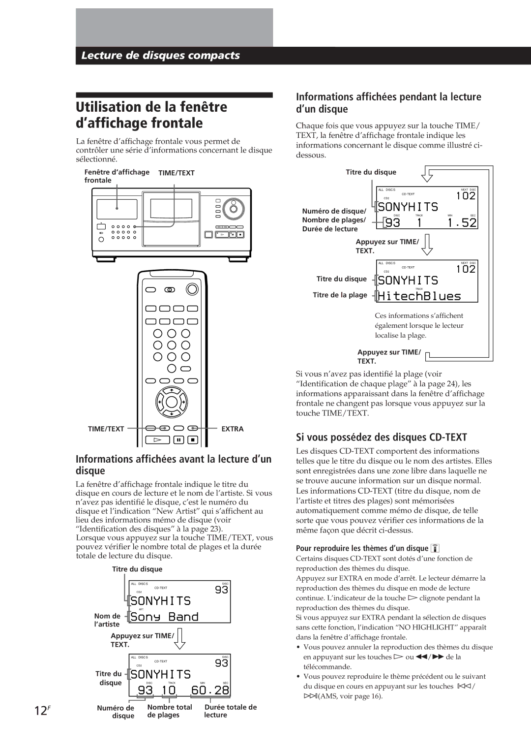 Sony CDP-CX270 manual Utilisation de la fenêtre d’affichage frontale, Informations affichées avant la lecture d’un disque 