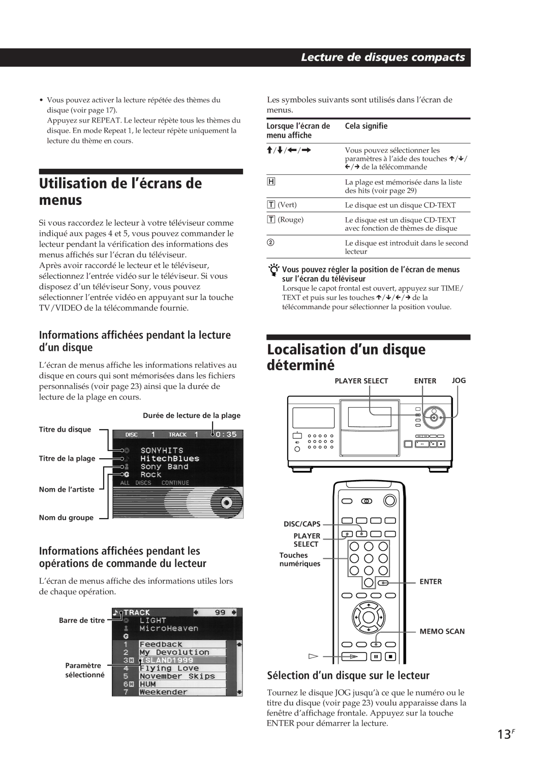 Sony CDP-CX90ES, CDP-CX270 manual Utilisation de l’écrans de menus, Localisation d’un disque déterminé, 13F 