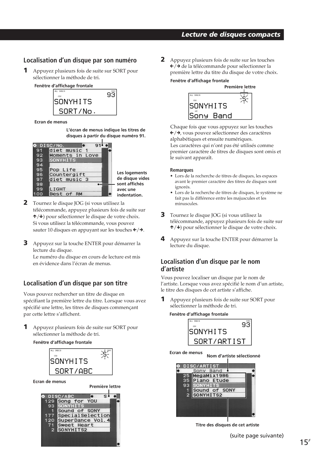 Sony CDP-CX90ES, CDP-CX270 manual 15F, Localisation d’un disque par son titre, Localisation d’un disque par le nom d’artiste 