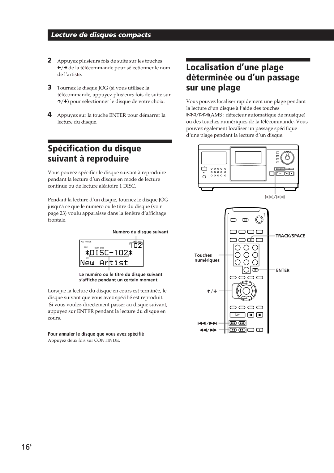 Sony CDP-CX270 manual Spécification du disque suivant à reproduire, 16F, Pour annuler le disque que vous avez spécifié 