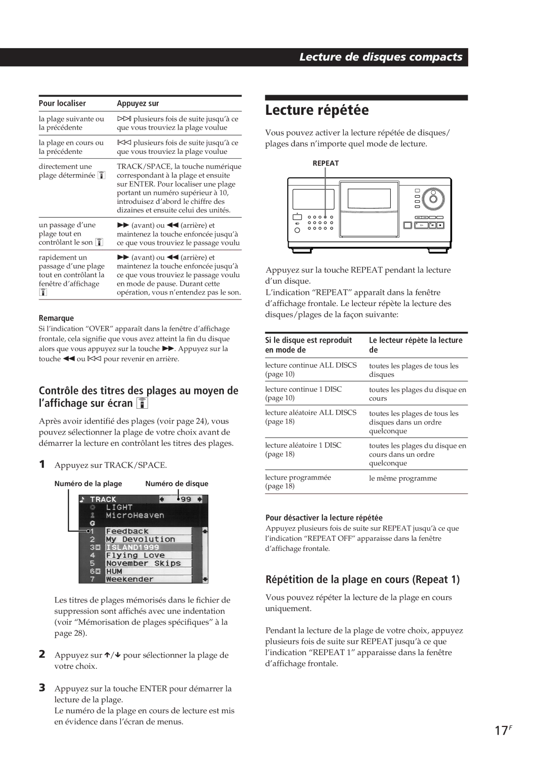 Sony CDP-CX90ES, CDP-CX270 manual Lecture répétée, 17F, Répétition de la plage en cours Repeat 