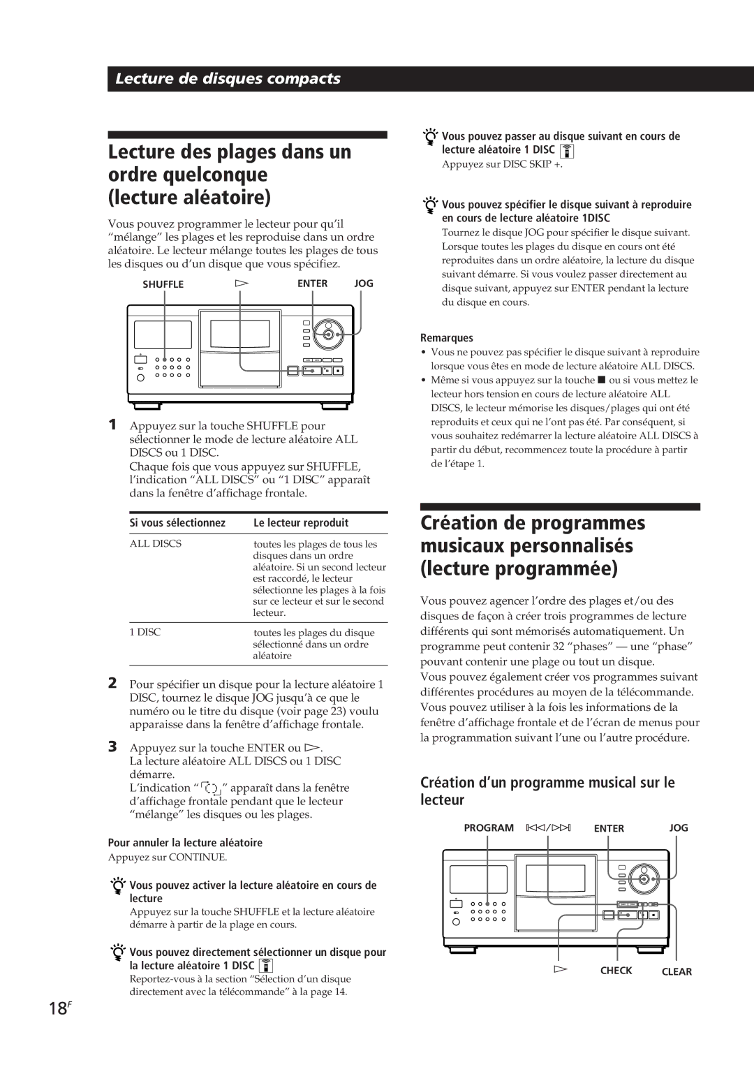 Sony CDP-CX270, CDP-CX90ES manual 18F, Création d’un programme musical sur le lecteur, Pour annuler la lecture aléatoire 