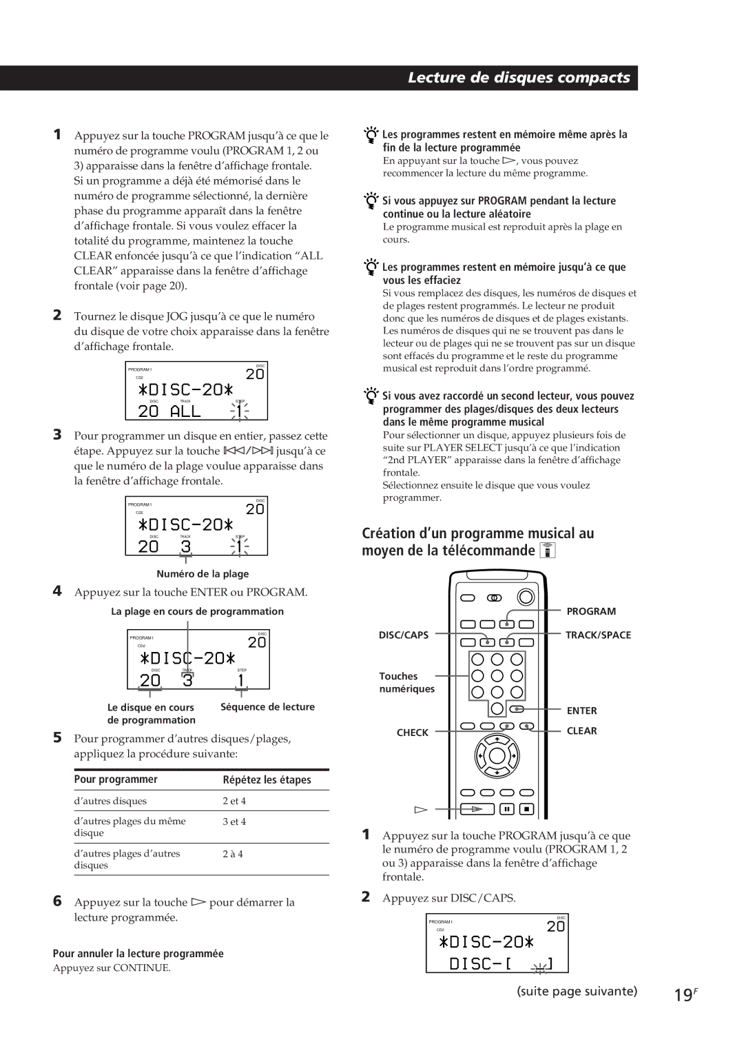 Sony CDP-CX90ES Pour programmer Répétez les étapes, Pour annuler la lecture programmée, La plage en cours de programmation 