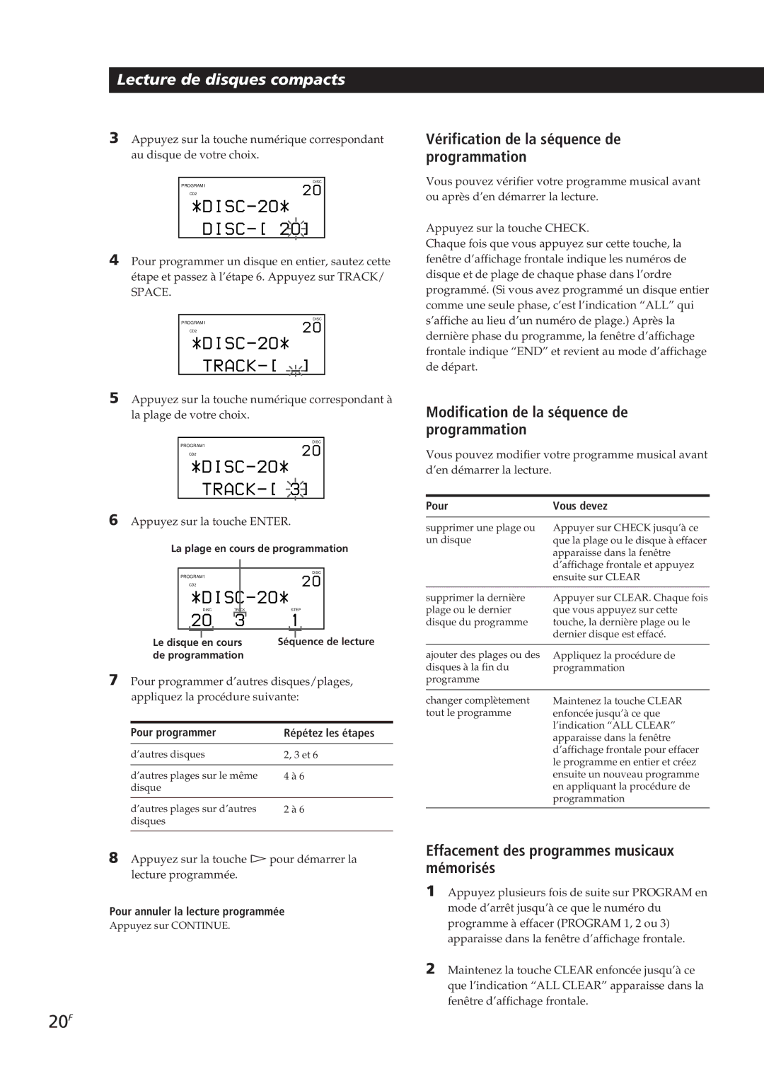 Sony CDP-CX270, CDP-CX90ES 20F, Vérification de la séquence de programmation, Modification de la séquence de programmation 