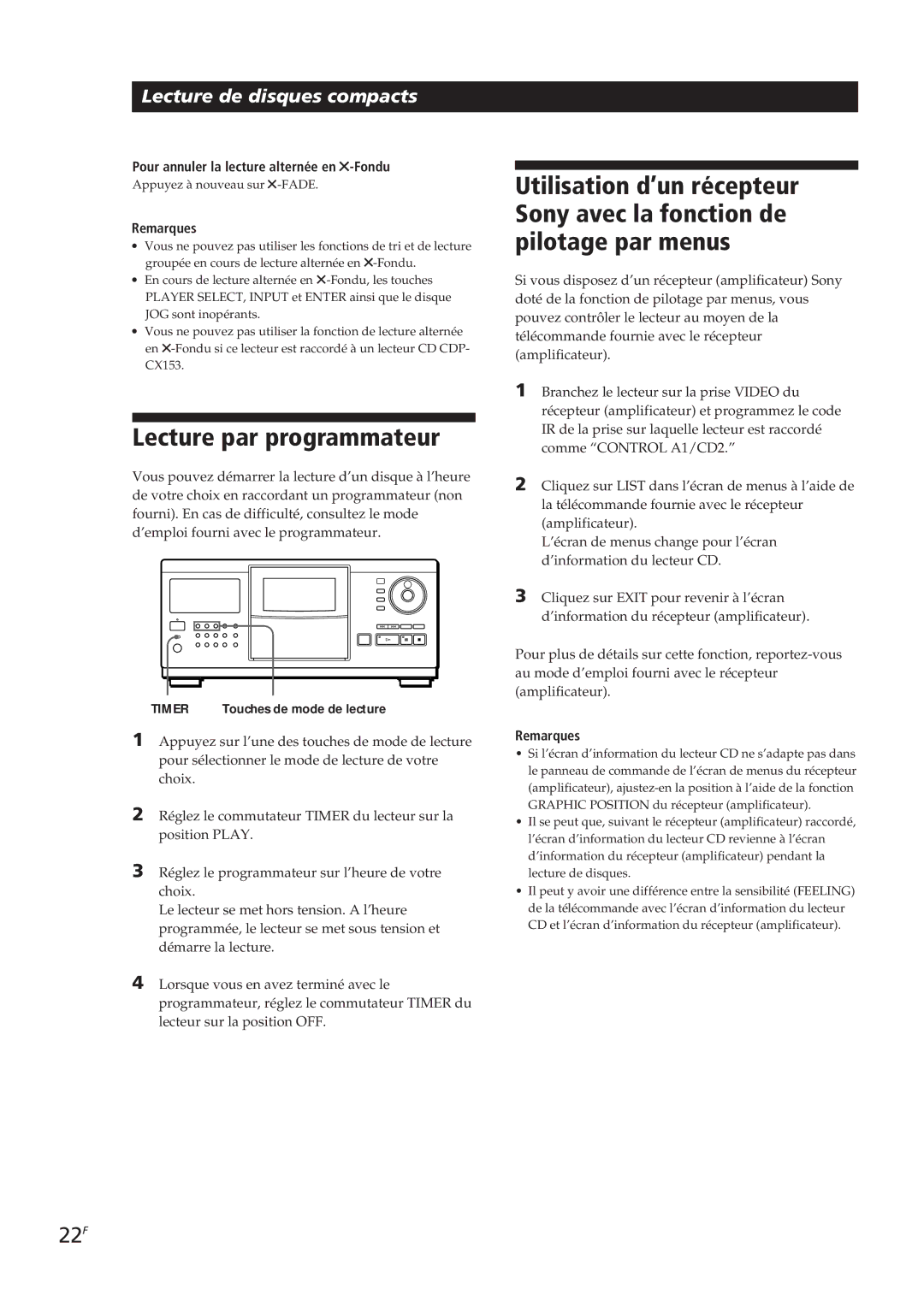 Sony CDP-CX270, CDP-CX90ES manual Lecture par programmateur, 22F, Pour annuler la lecture alternée en G-Fondu 