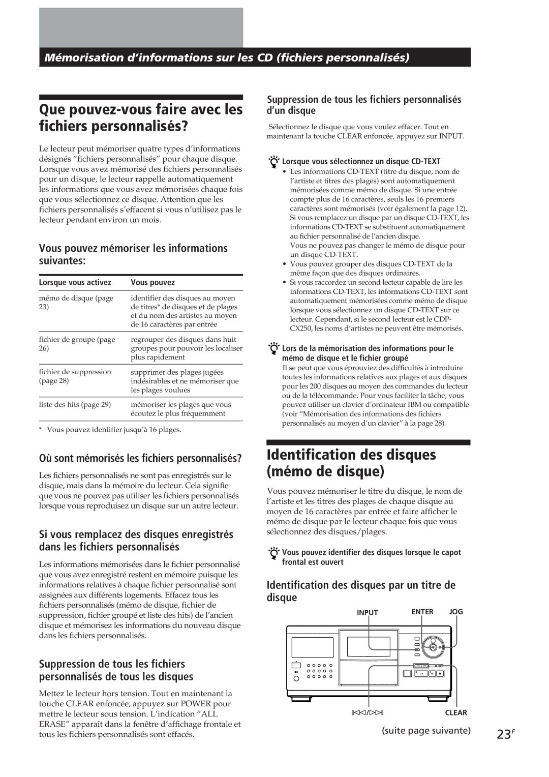 Sony CDP-CX90ES manual Que pouvez-vous faire avec les fichiers personnalisés?, Identification des disques mémo de disque 