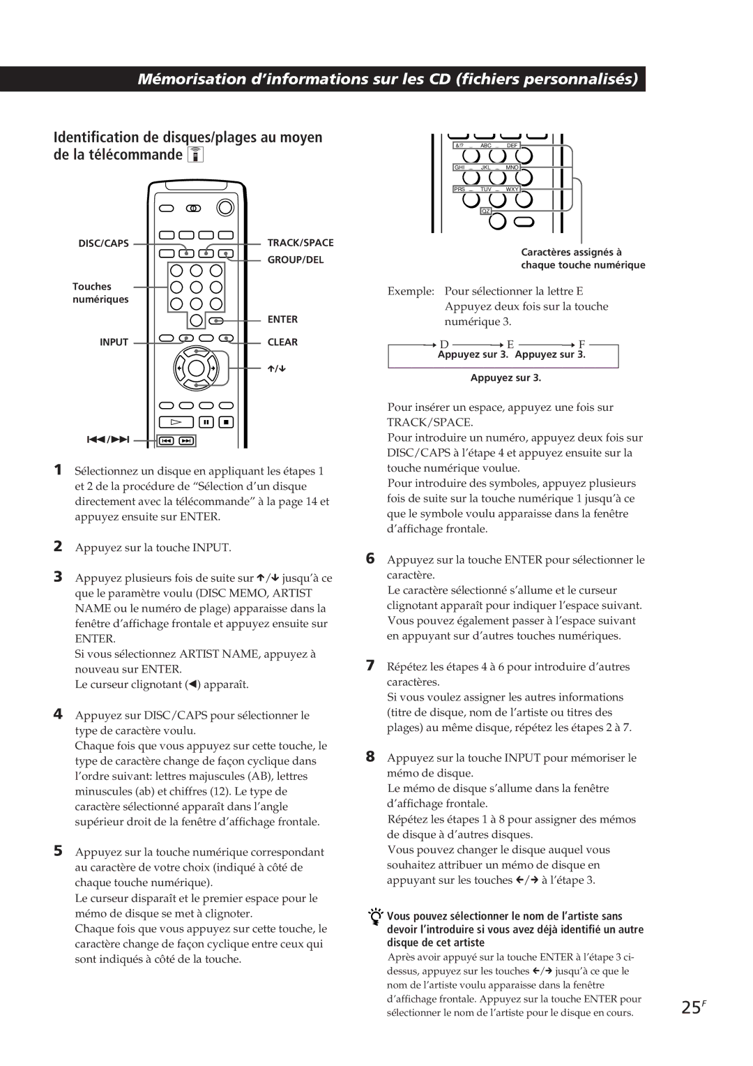 Sony CDP-CX90ES, CDP-CX270 manual 25 F, Appuyez sur 3. Appuyez sur 