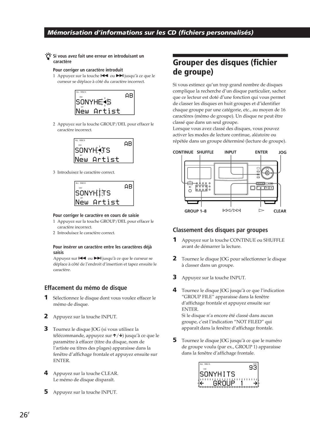 Sony CDP-CX270, CDP-CX90ES manual Grouper des disques fichier de groupe, 26F, Effacement du mémo de disque 