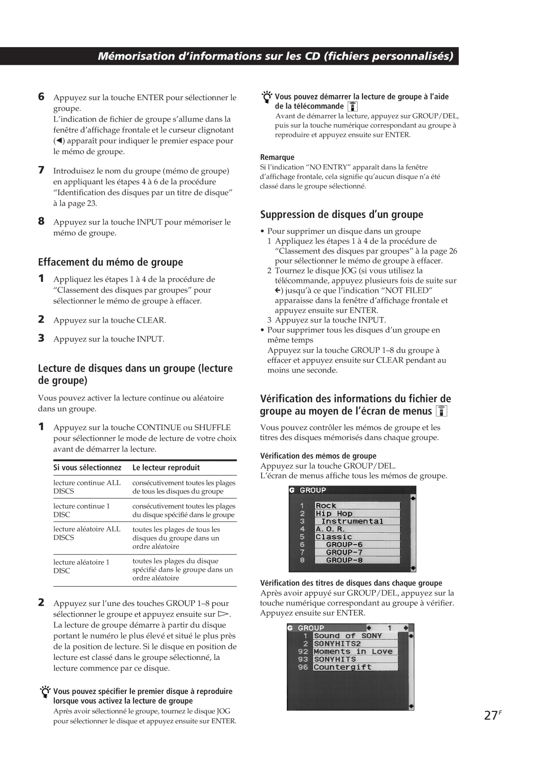 Sony CDP-CX90ES, CDP-CX270 manual Effacement du mémo de groupe, Lecture de disques dans un groupe lecture de groupe 