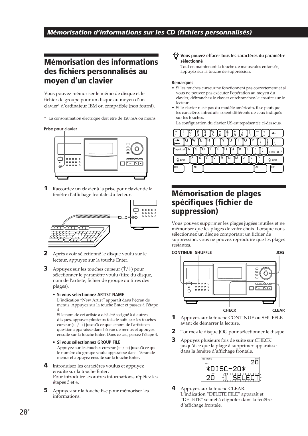 Sony CDP-CX270 manual Mémorisation de plages spécifiques fichier de suppression, 28F, Si vous sélectionnez Artist Name 