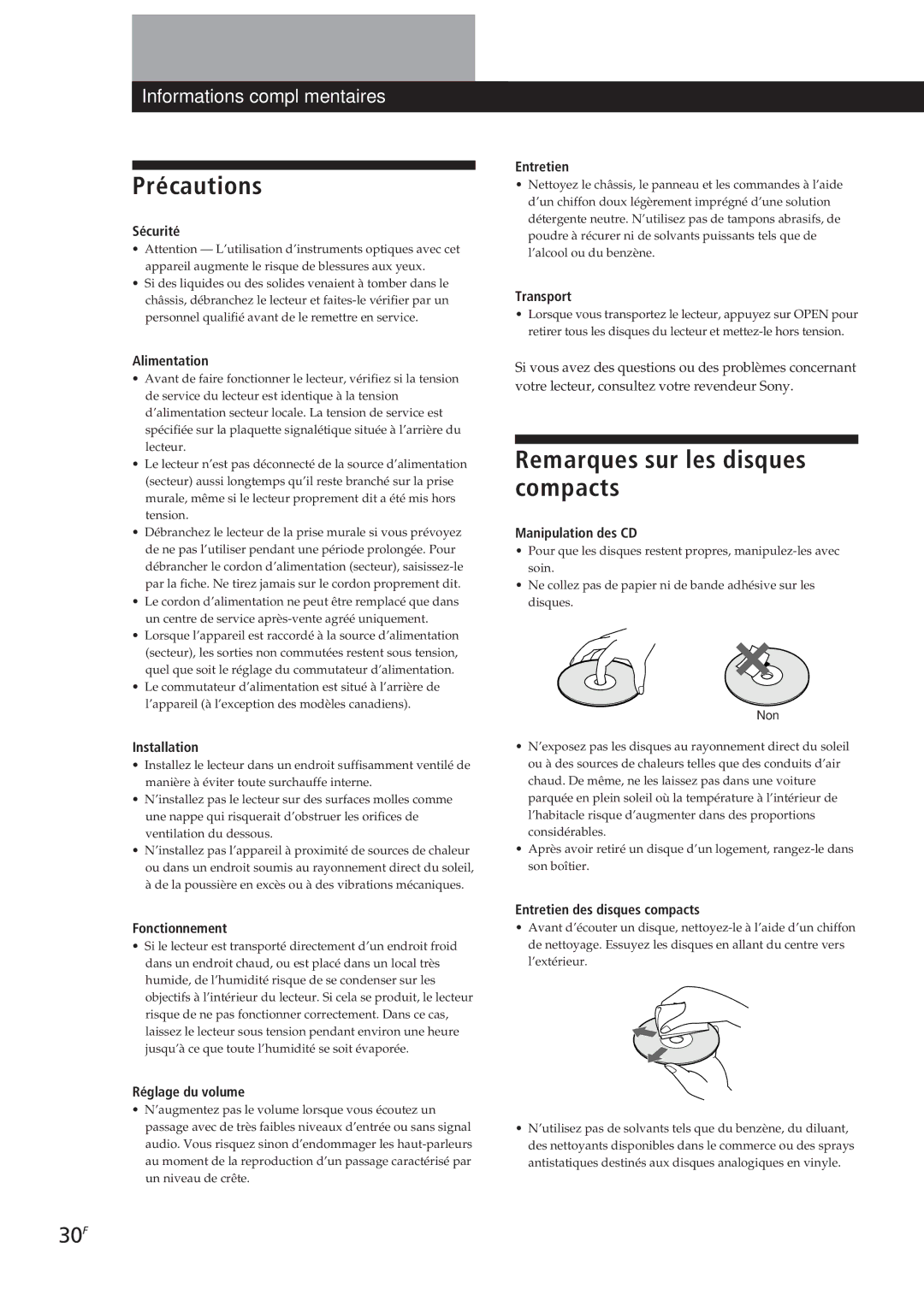 Sony CDP-CX270, CDP-CX90ES manual Précautions, Remarques sur les disques compacts, 30F 