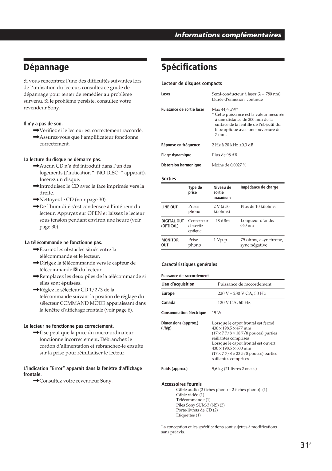 Sony CDP-CX90ES, CDP-CX270 manual Dépannage, Spécifications, 31F 