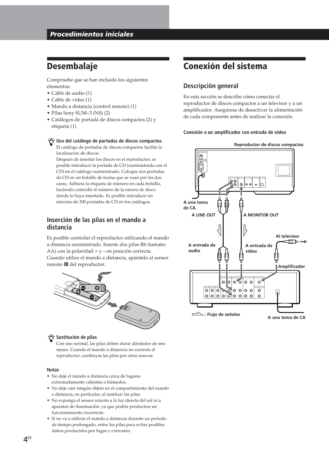 Sony CDP-CX90ES Desembalaje, Conexión del sistema, Inserción de las pilas en el mando a distancia, Descripción general 