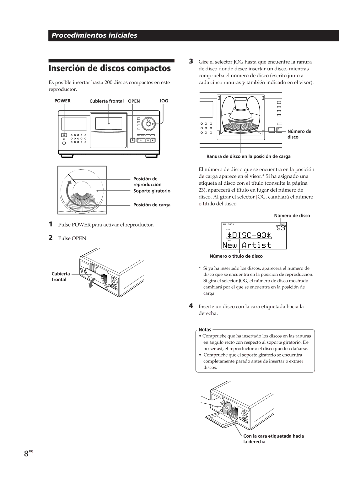 Sony CDP-CX90ES, CDP-CX270 manual Inserción de discos compactos 