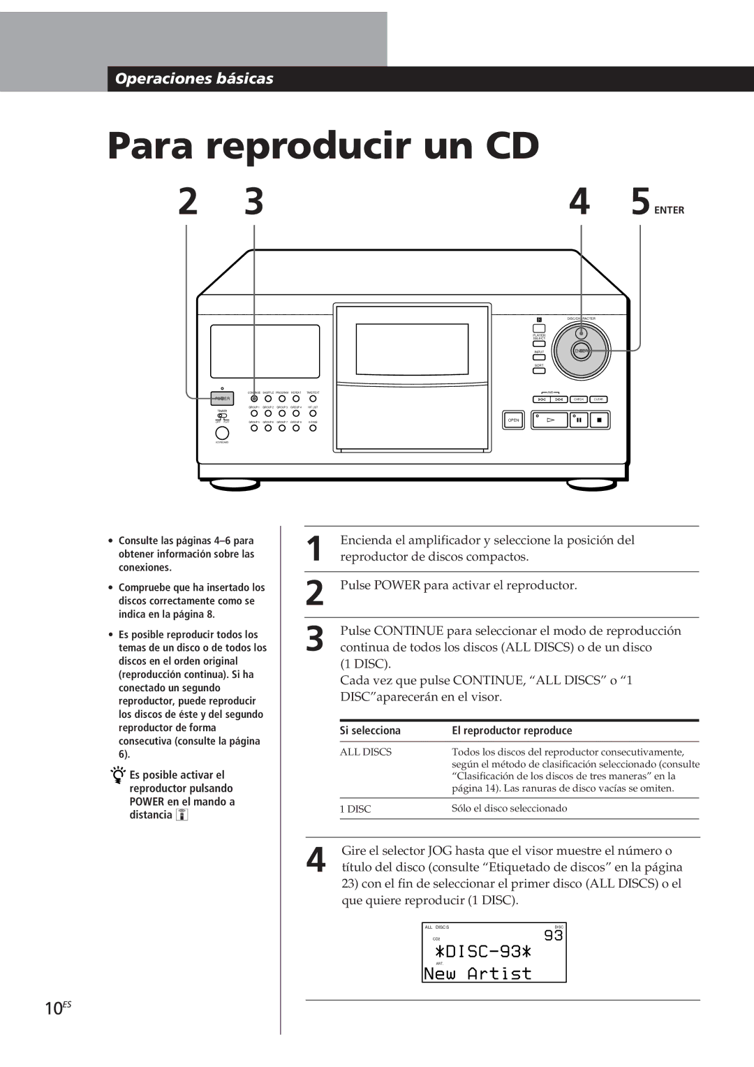 Sony CDP-CX90ES, CDP-CX270 manual 10ES, Si selecciona El reproductor reproduce 