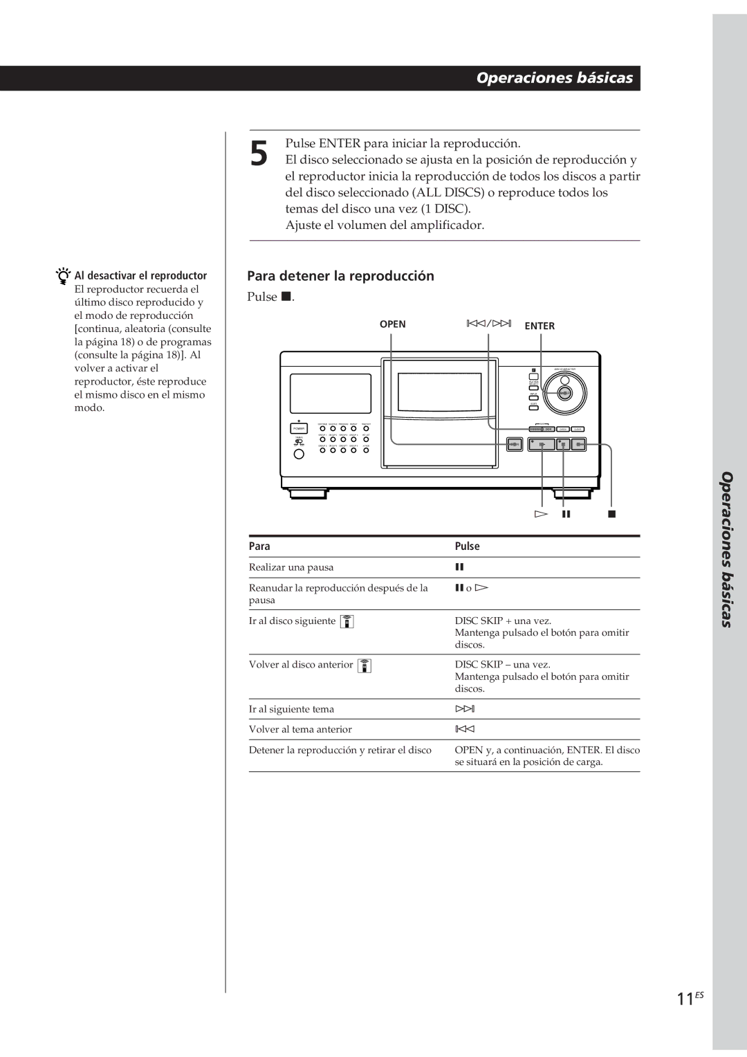 Sony CDP-CX270, CDP-CX90ES manual 11ES, Al desactivar el reproductor, Para Pulse 