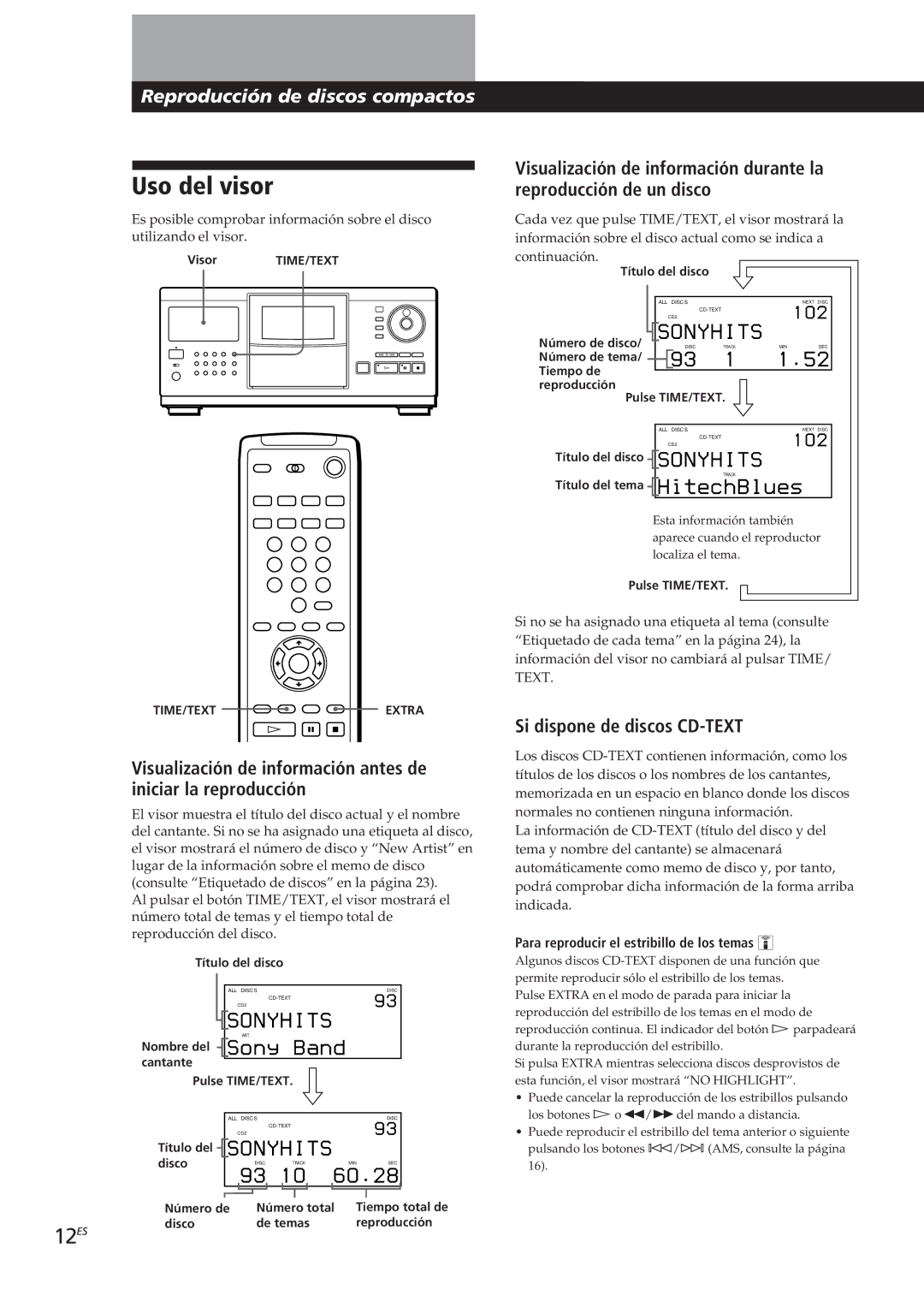 Sony CDP-CX90ES, CDP-CX270 manual Uso del visor, Si dispone de discos CD-TEXT, Para reproducir el estribillo de los temas Z 