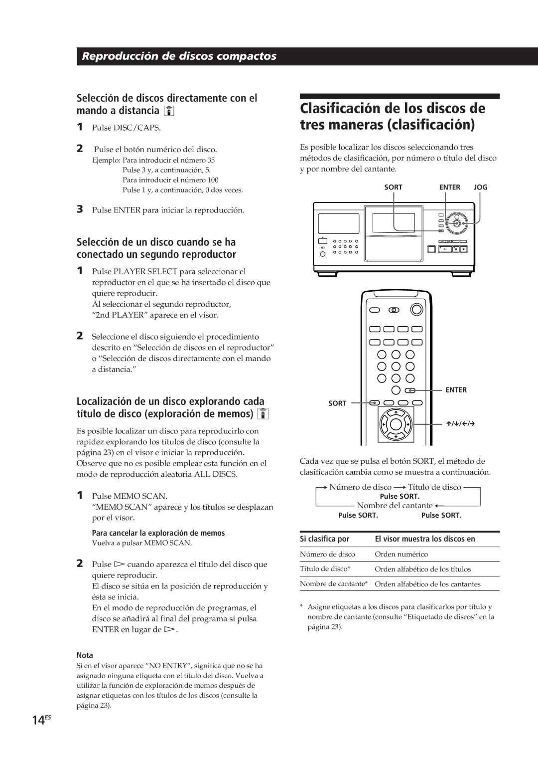 Sony CDP-CX90ES 14ES, Selección de discos directamente con el mando a distancia, Para cancelar la exploración de memos 