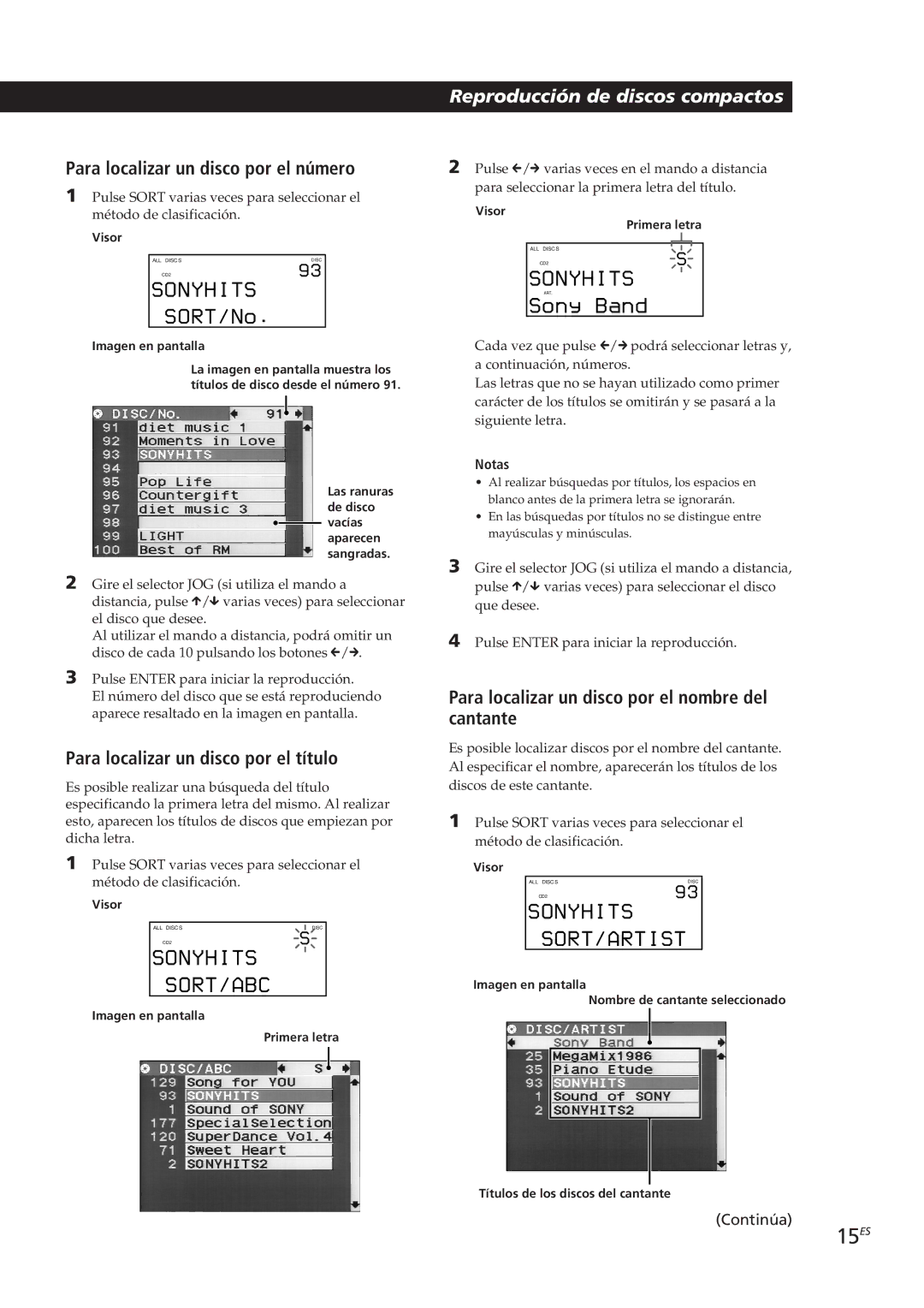 Sony CDP-CX270, CDP-CX90ES 15ES, Para localizar un disco por el título, Para localizar un disco por el nombre del cantante 