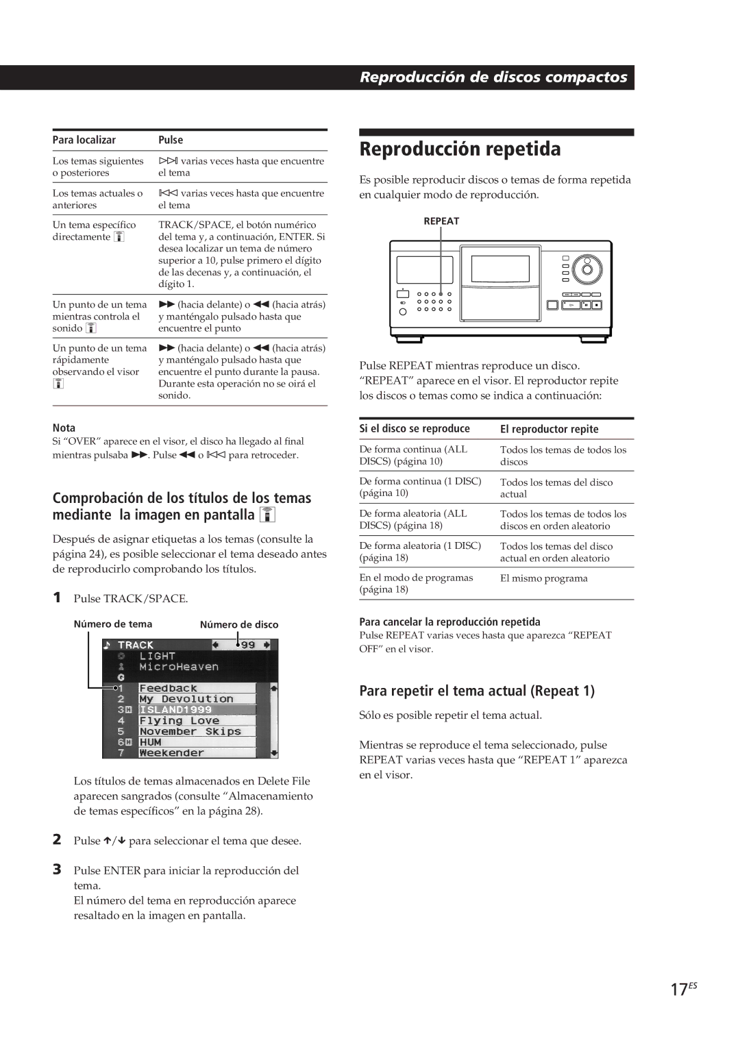 Sony CDP-CX270, CDP-CX90ES manual Reproducción repetida, 17ES, Para repetir el tema actual Repeat 