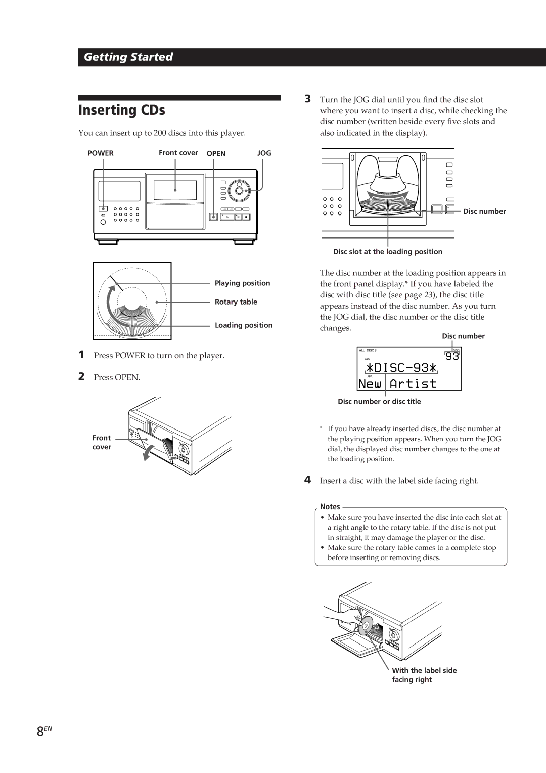 Sony CDP-CX90ES, CDP-CX270 manual Inserting CDs 