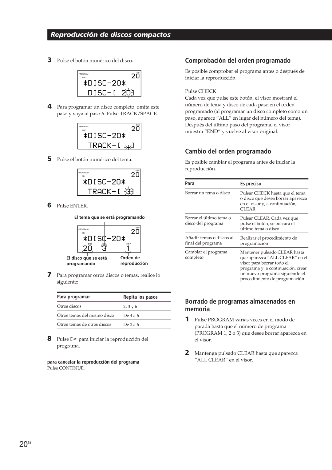 Sony CDP-CX90ES, CDP-CX270 manual 20ES, Comprobación del orden programado, Cambio del orden programado, Para Es preciso 