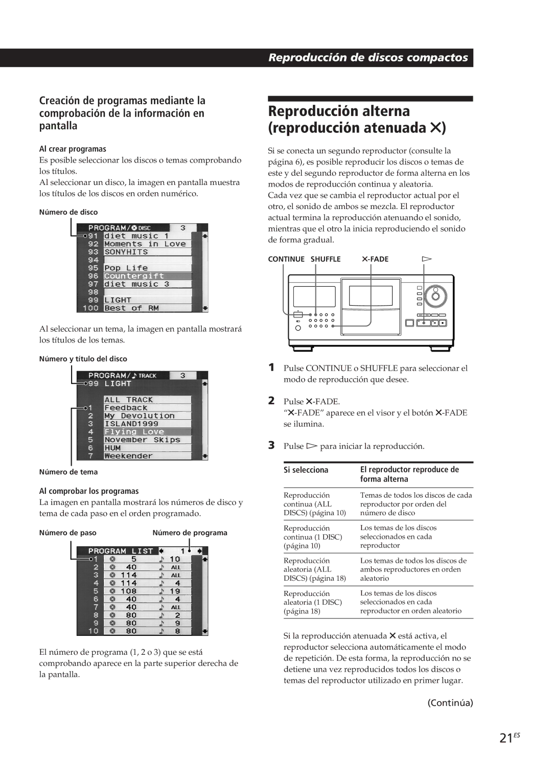 Sony CDP-CX270 manual Reproducción alterna reproducción atenuada G, 21ES, Al crear programas, Al comprobar los programas 