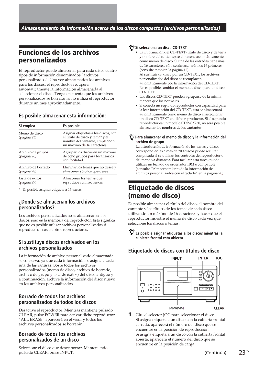 Sony CDP-CX270, CDP-CX90ES manual Funciones de los archivos personalizados, Etiquetado de discos memo de disco 