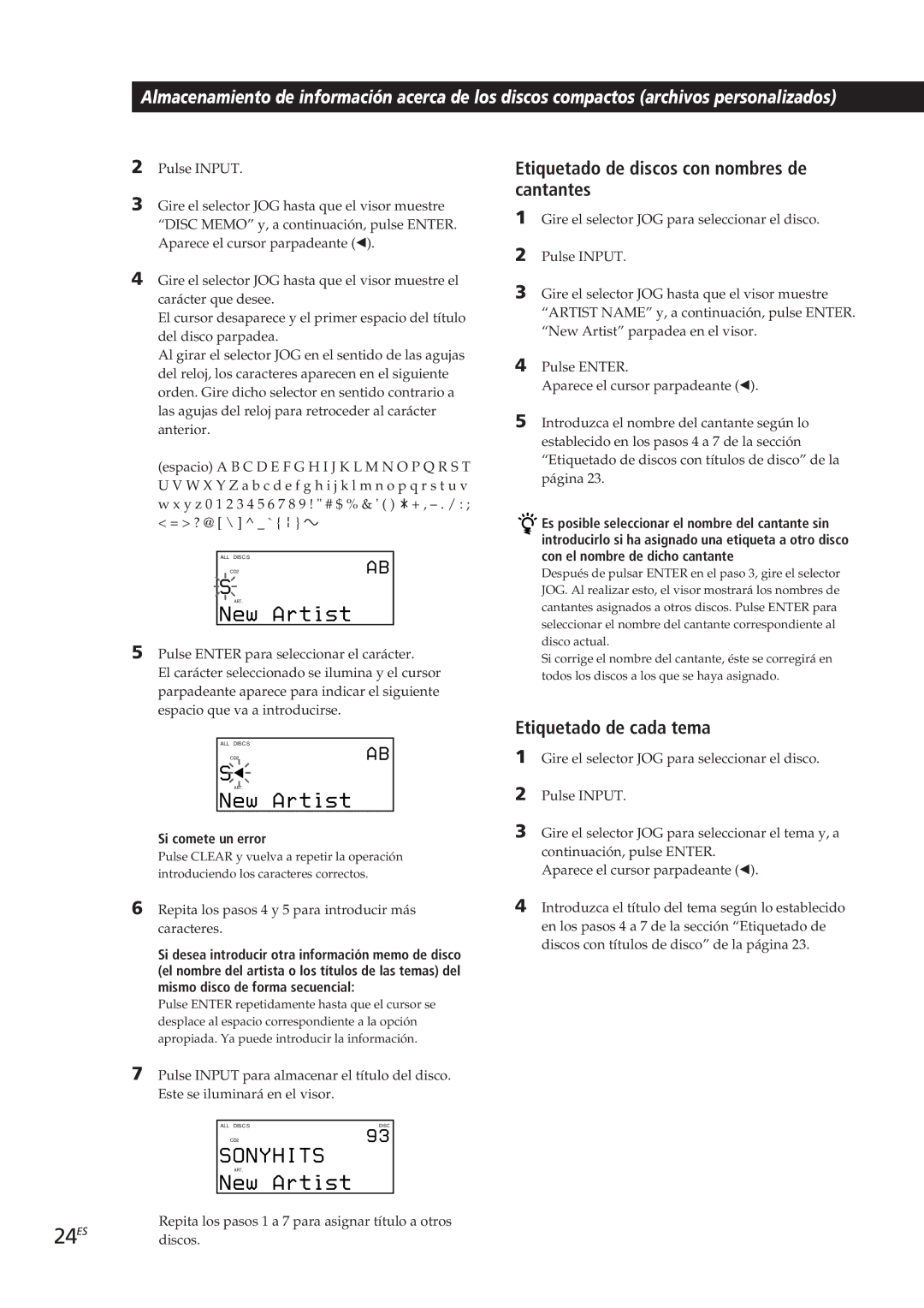 Sony CDP-CX90ES, CDP-CX270 manual Etiquetado de discos con nombres de cantantes, Etiquetado de cada tema, Si comete un error 