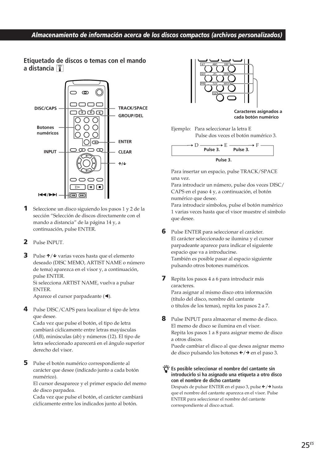 Sony CDP-CX270, CDP-CX90ES manual 25ES, Etiquetado de discos o temas con el mando a distancia Z, Pulse 