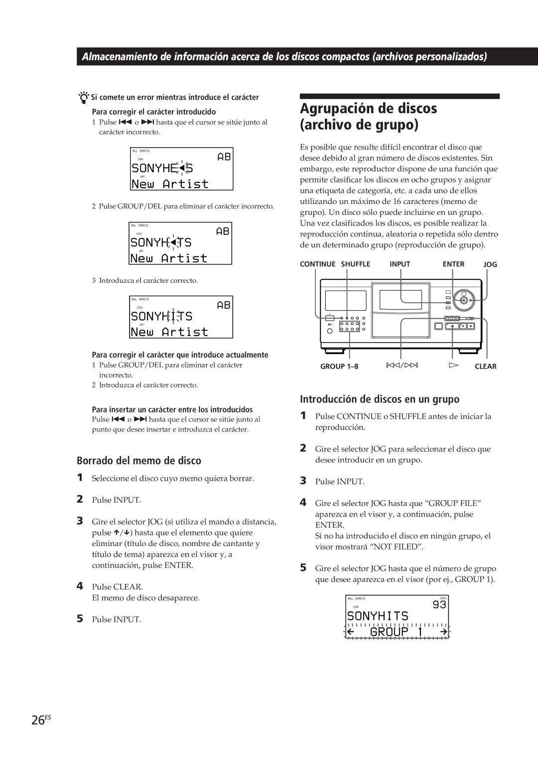 Sony CDP-CX90ES Agrupación de discos archivo de grupo, 26ES, Introducción de discos en un grupo, Borrado del memo de disco 