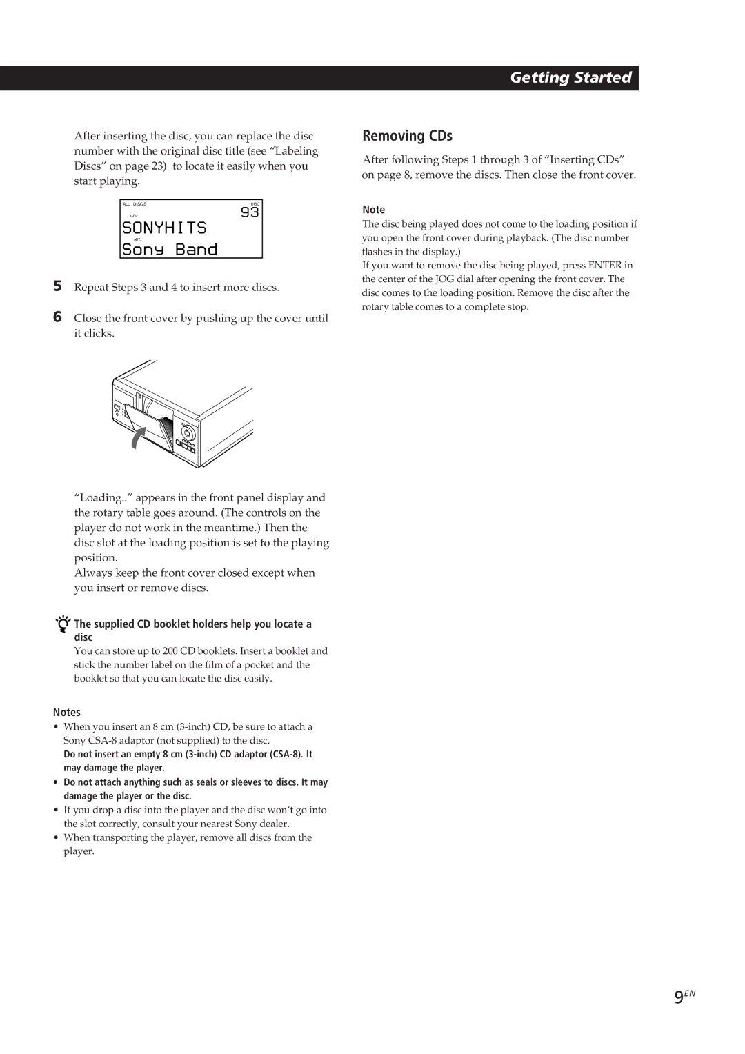 Sony CDP-CX270, CDP-CX90ES manual Removing CDs, Supplied CD booklet holders help you locate a disc 