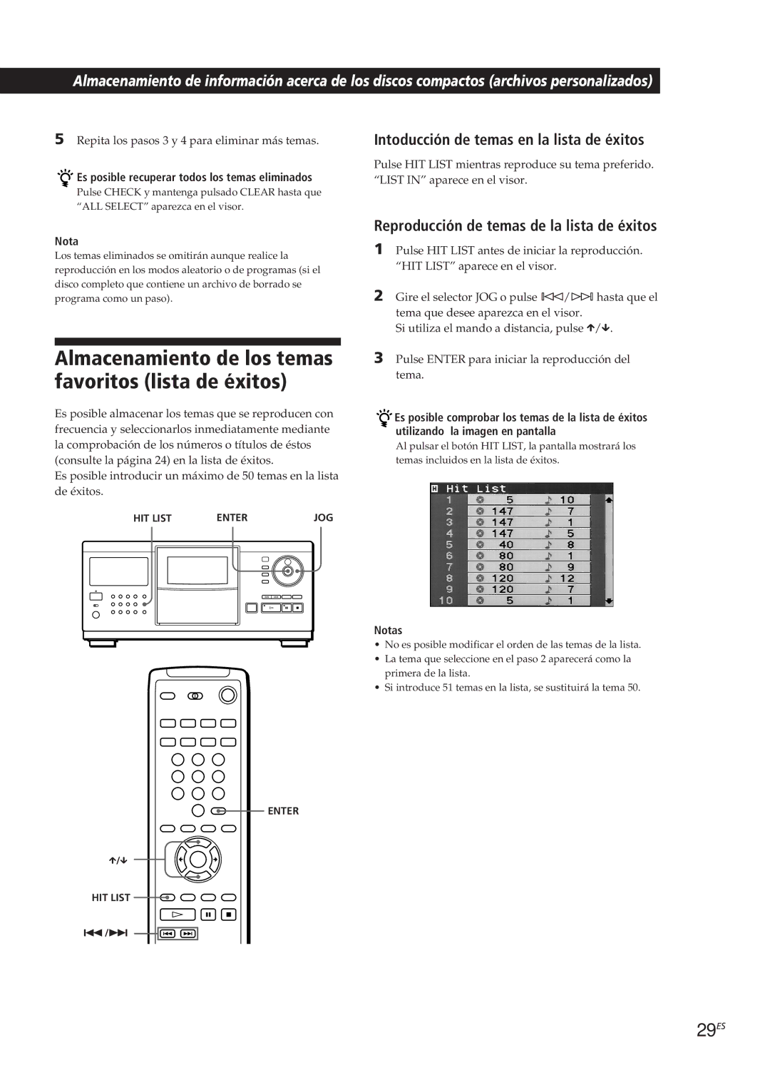 Sony CDP-CX270 Almacenamiento de los temas favoritos lista de éxitos, 29ES, Intoducción de temas en la lista de éxitos 