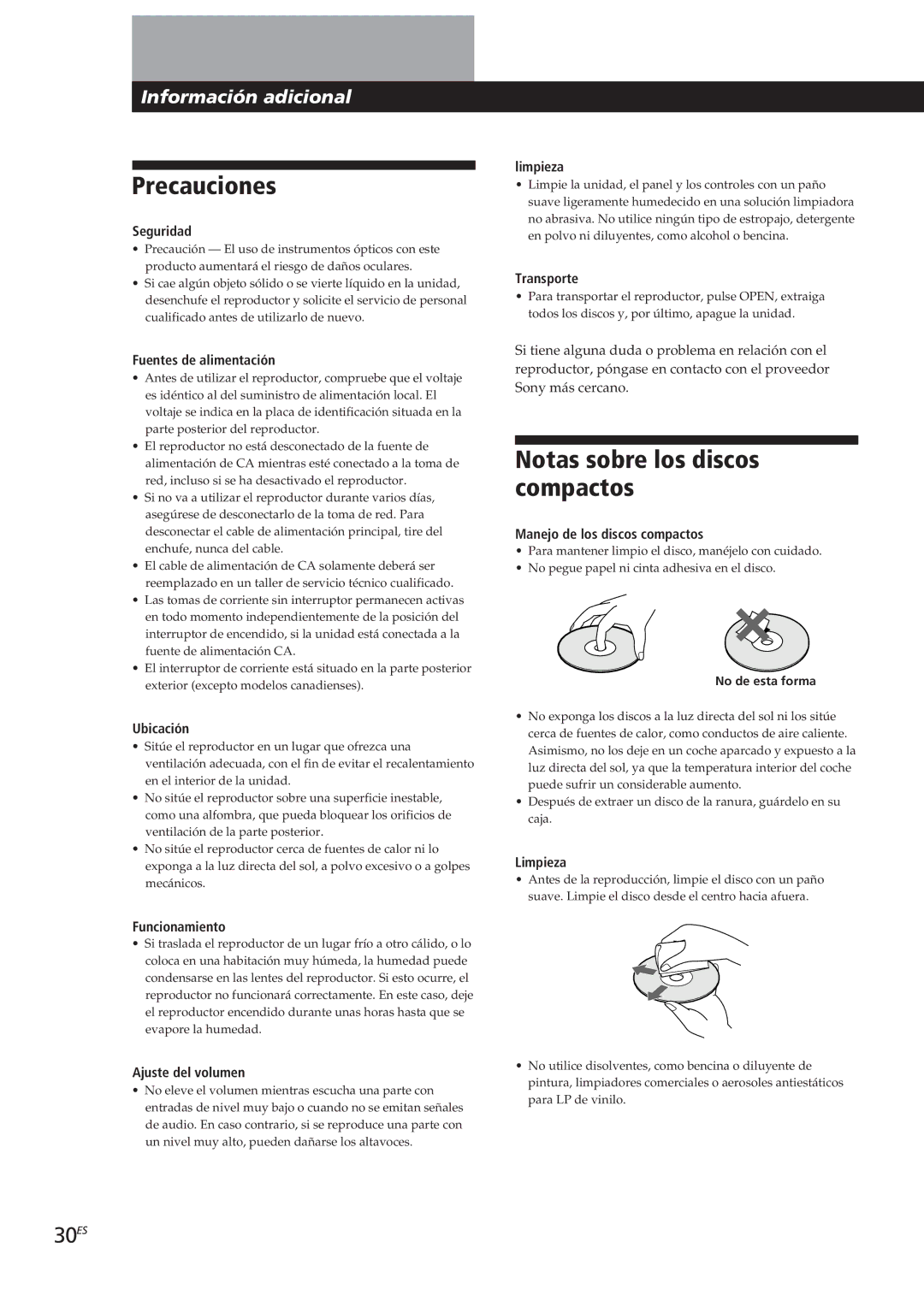 Sony CDP-CX90ES, CDP-CX270 manual Precauciones, Notas sobre los discos compactos, 30ES 