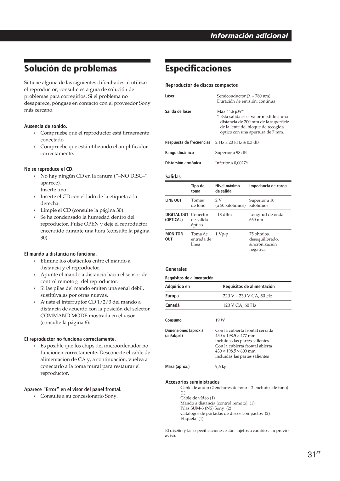 Sony CDP-CX270, CDP-CX90ES manual Solución de problemas, Especificaciones, 31ES 