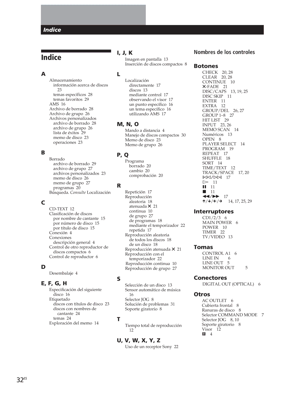 Sony CDP-CX90ES, CDP-CX270 manual Indice, 32ES 