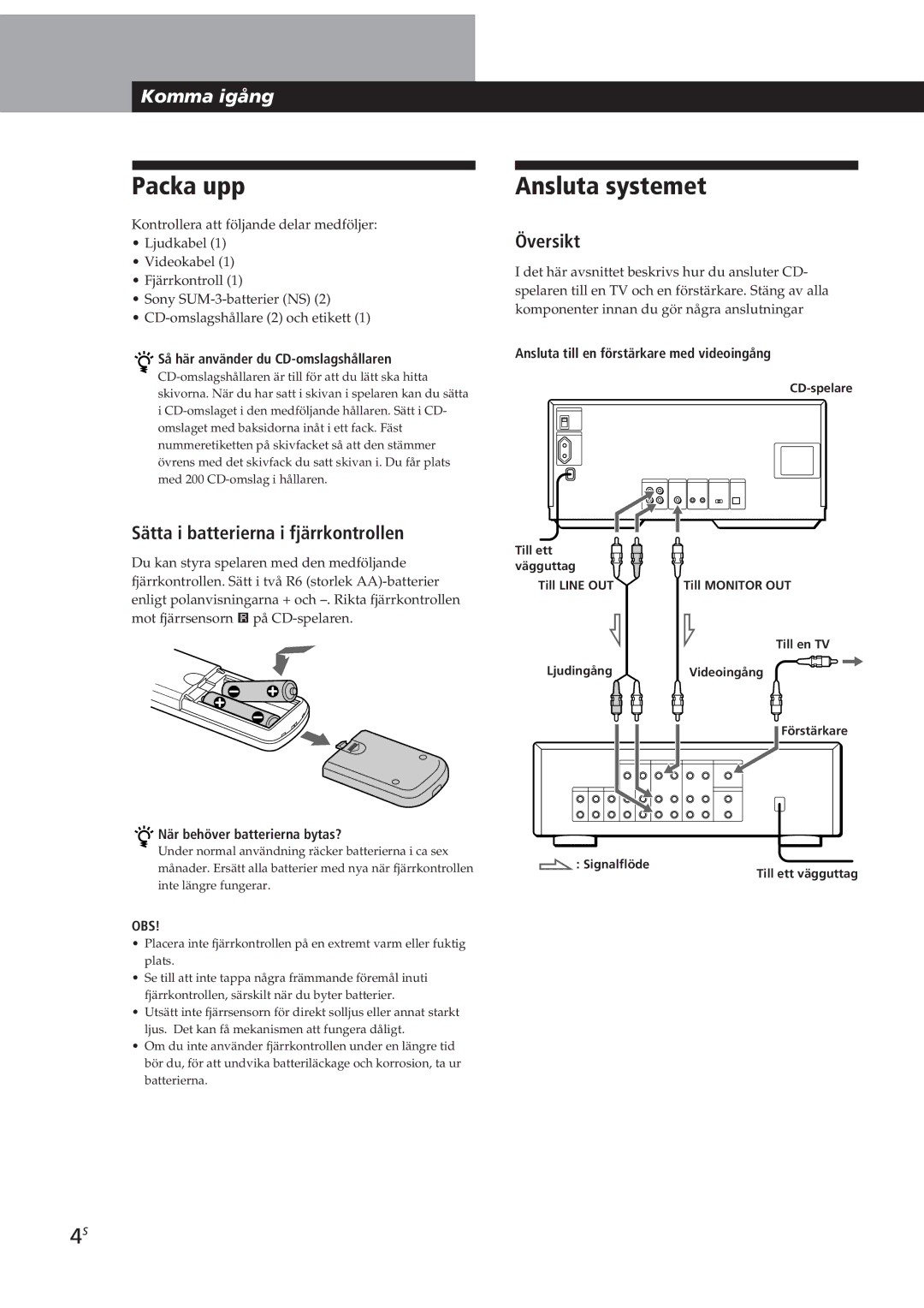 Sony CDP-CX270, CDP-CX90ES manual Packa upp, Ansluta systemet, Sätta i batterierna i fjärrkontrollen, Översikt 