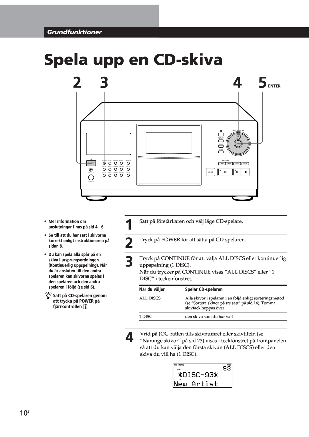 Sony CDP-CX270, CDP-CX90ES manual Spela upp en CD-skiva, DISC-93, New Artist, Grundfunktioner 