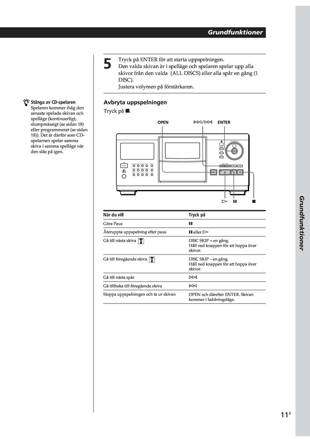 Sony CDP-CX90ES manual Grundfunktioner, Avbryta uppspelningen, Stänga av CD-spelaren, När du vill, Tryck på, Open-/± Enter 