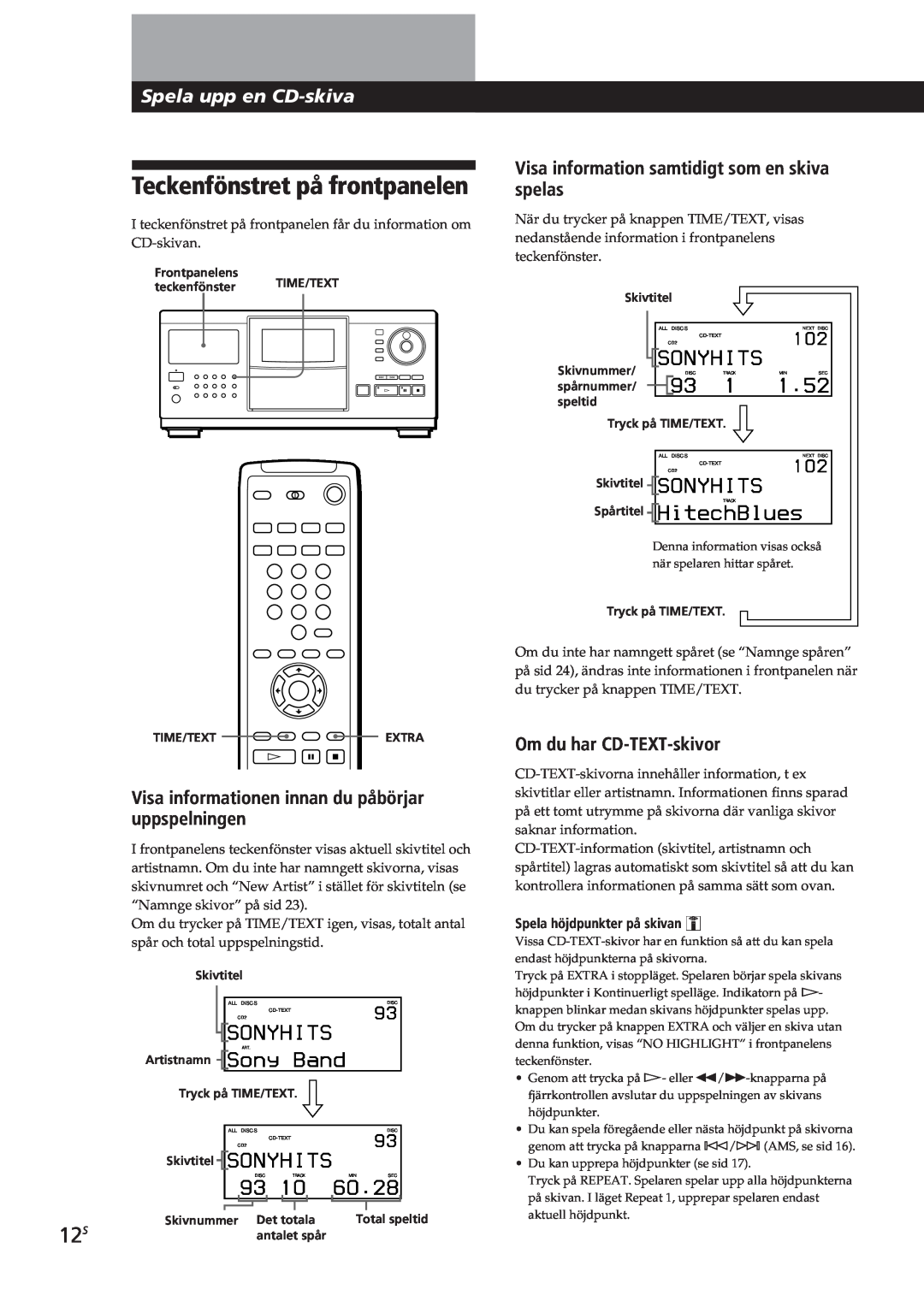 Sony CDP-CX270, CDP-CX90ES manual Teckenfönstret på frontpanelen 