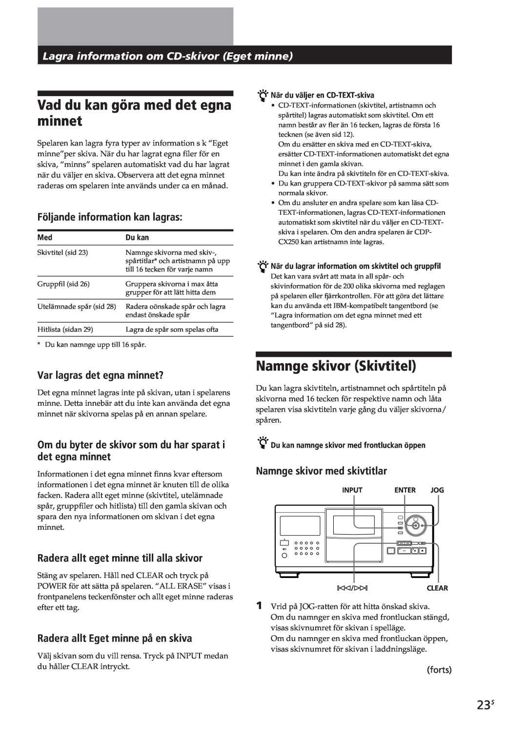 Sony CDP-CX90ES manual Vad du kan göra med det egna minnet, Namnge skivor Skivtitel, Följande information kan lagras, forts 